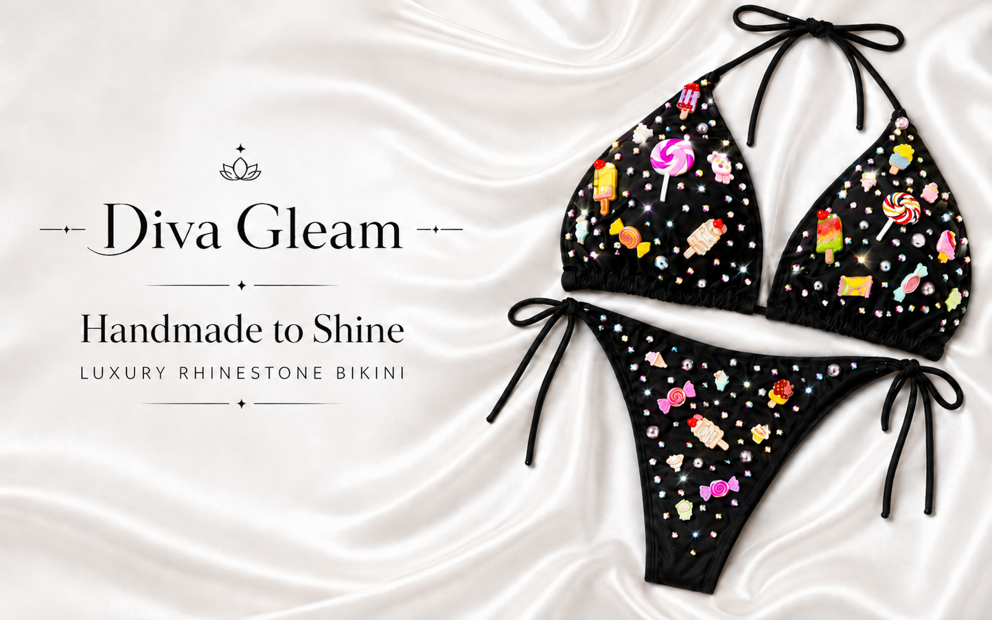 Black Handmade Candy Charms and Rhinestones Bikini Set