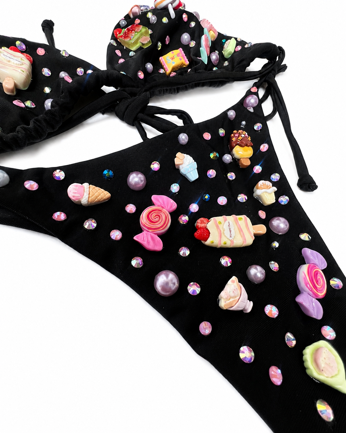 Black Handmade Candy Charms and Rhinestones Bikini Set