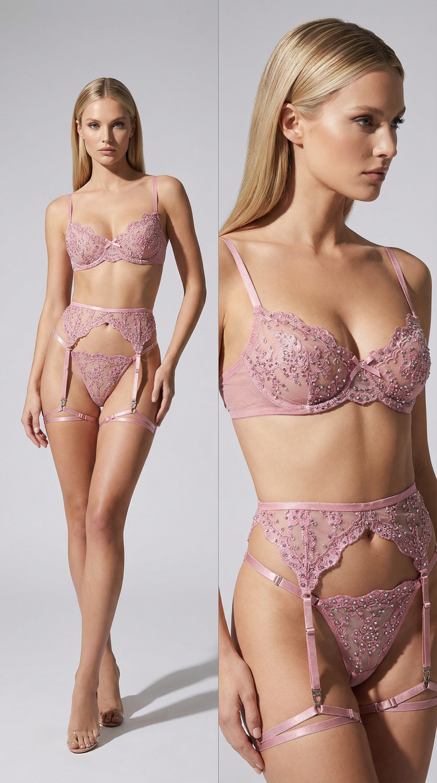 Pink 3-Piece Rhinestone Lingerie Set with Full Pearl & Crystal Embellishments | Diva Gleam