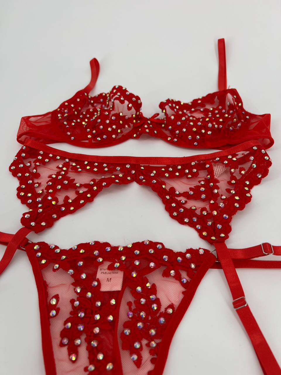 Sexy Red Lace Rhinestone Lingerie  3-Piece with Full Crystal Embellishments