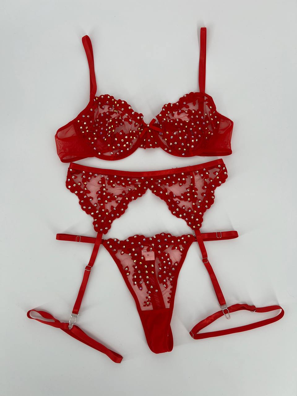 Sexy Red Lace Rhinestone Lingerie  3-Piece with Full Crystal Embellishments