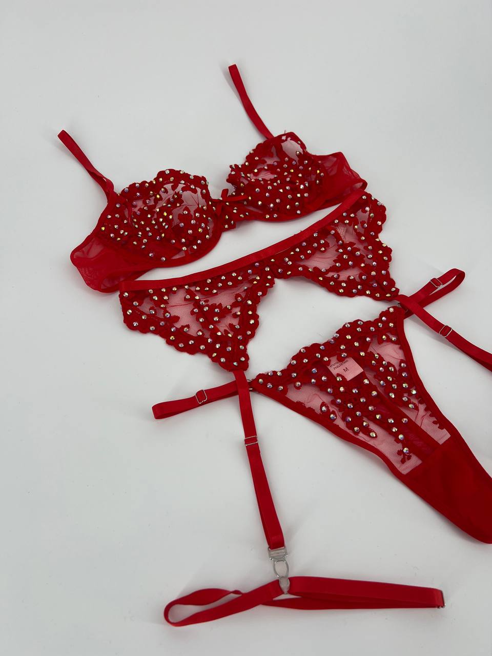 Sexy Red Lace Rhinestone Lingerie  3-Piece with Full Crystal Embellishments