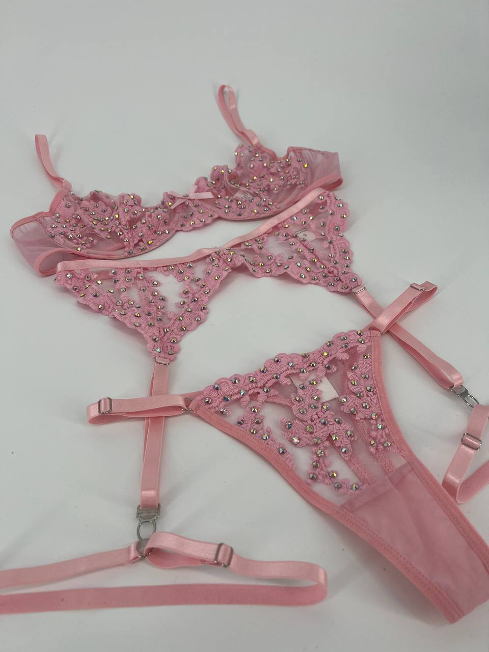 Pink 3-Piece Rhinestone Lingerie Set with Full Pearl & Crystal Embellishments | Diva Gleam