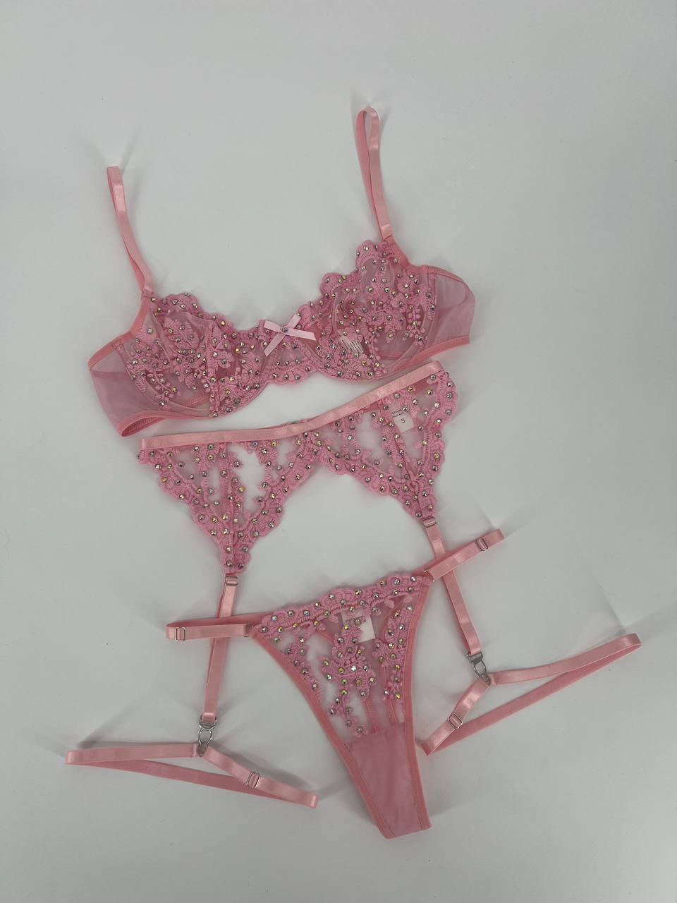 Pink 3-Piece Rhinestone Lingerie Set with Full Pearl & Crystal Embellishments | Diva Gleam
