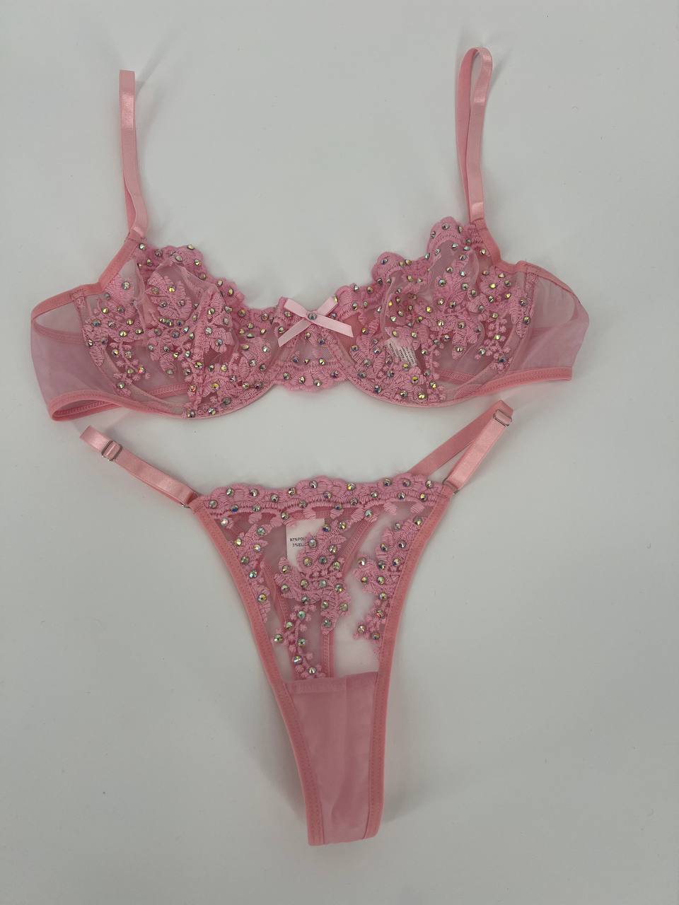 Pink 3-Piece Rhinestone Lingerie Set with Full Pearl & Crystal Embellishments | Diva Gleam