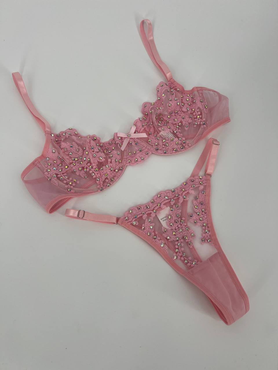 Pink 3-Piece Rhinestone Lingerie Set with Full Pearl & Crystal Embellishments | Diva Gleam